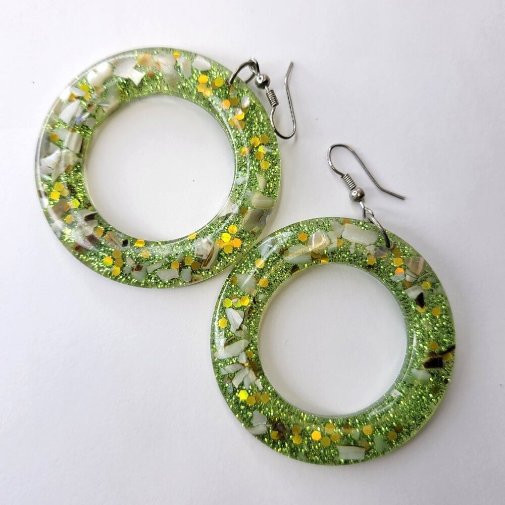 Green Earrings Sequin Light Round Earrings - NEW